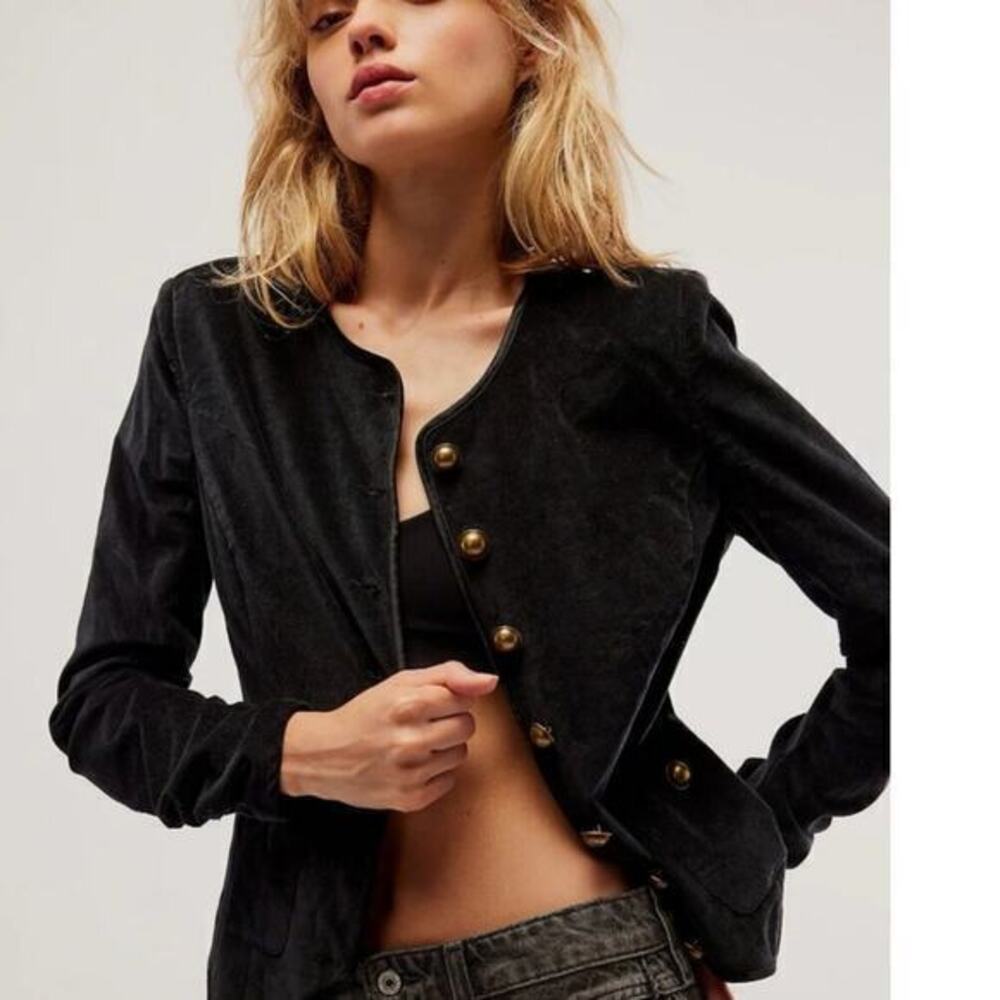 Free People NEW Women’s Small Black Velvet Becky Military Style Jacket